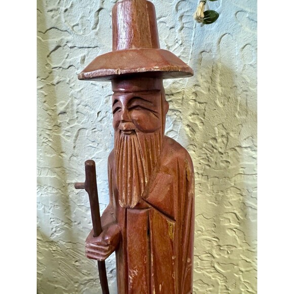 Asian Hand Crafted Vintage Wood Man with Walking Stick Figure Sculpture Folk Art - Picture 2 of 7